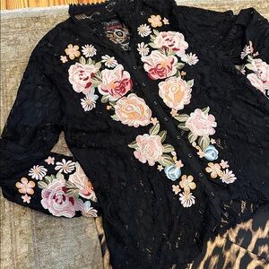 JOHNNY WAS Embroidered Floral Black Lace Button-Front Top